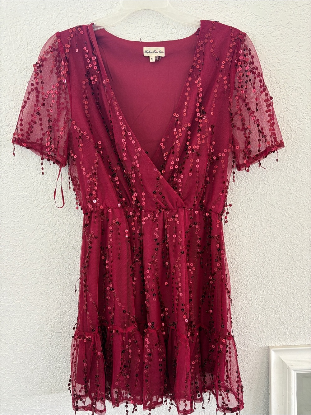 Sequin Wrap Mini Dress in Burgundy
